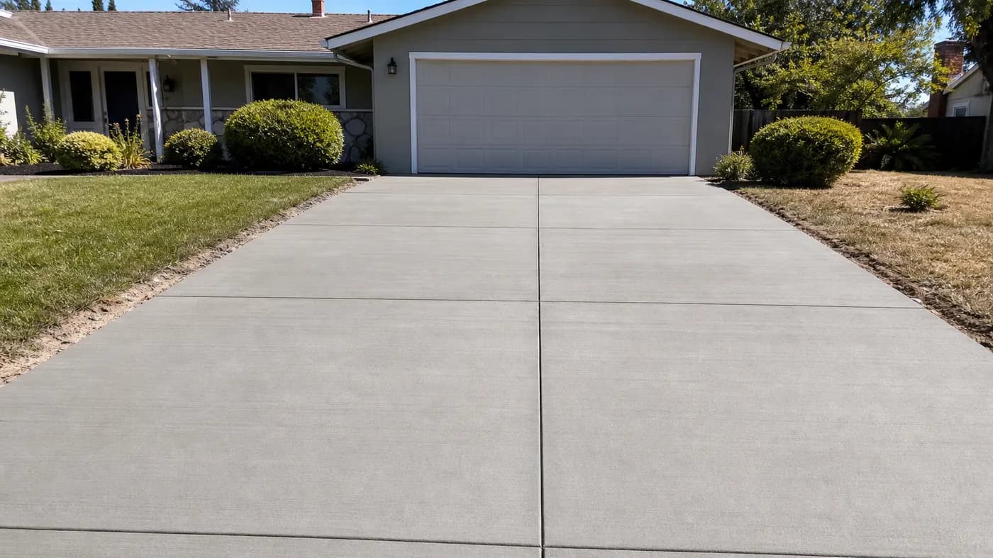 New plain gray broom-finish concrete driveway with saw-cut control joints leading to the two-car garage of a single-story ranch home