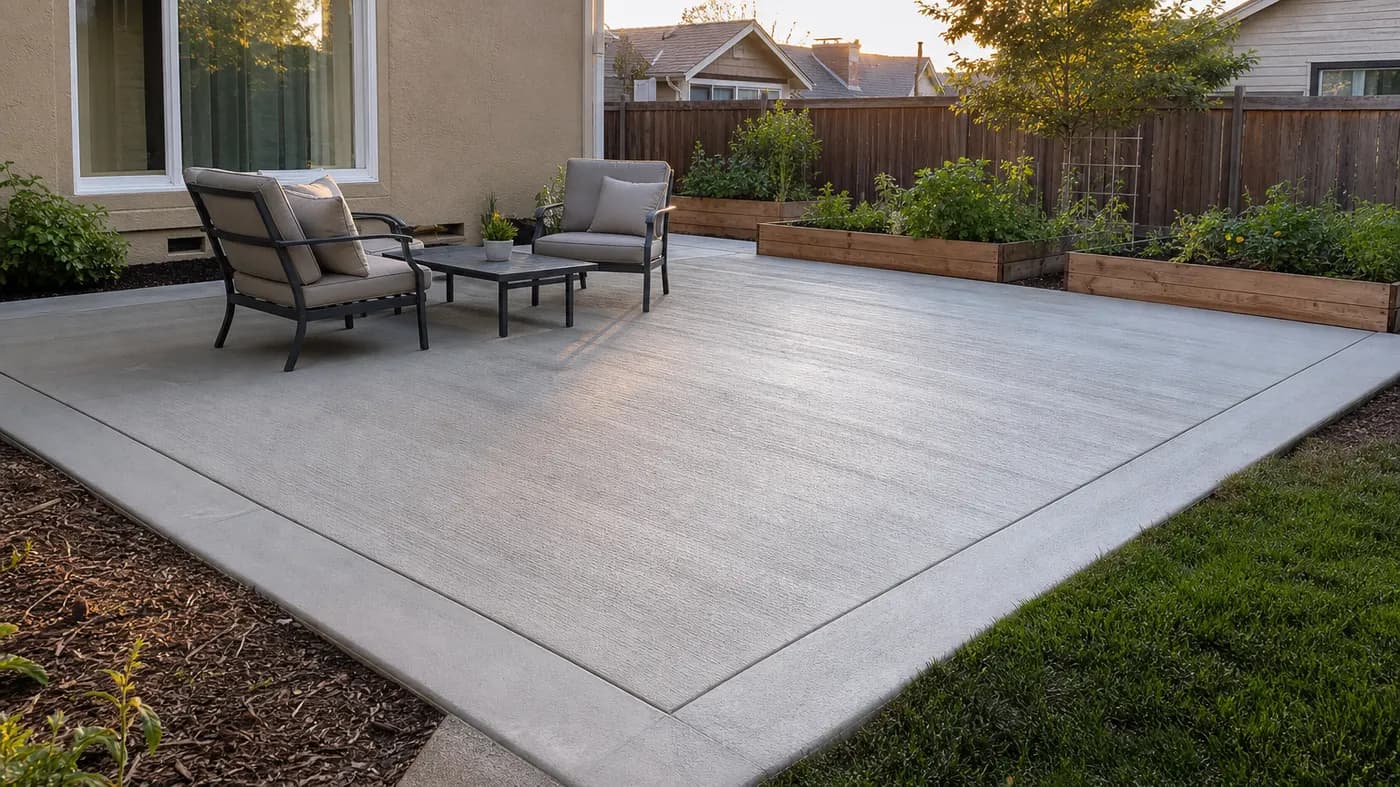 Backyard concrete patio with a smooth trowel-edged border and broom-finish center, outdoor furniture and raised garden beds